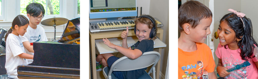 three photos, teens playing piano, teen boy giving thumbs up in music lab, two smiling children with recorders