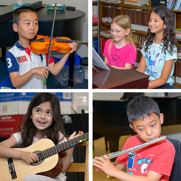 Boy playing the violin, two girls playing the piano, a girl playing the guitar and a boy playing the flute