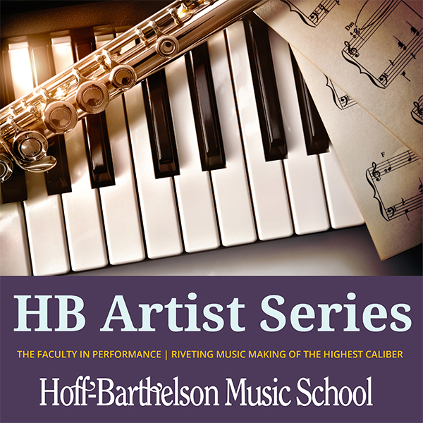 Flute, piano keyboard and sheet music with text HB Artist Series